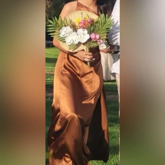 Galina Signature Charmeause Draped One-Shoulder Dress | Tawny Color | Size 0 - Picture 2 of 9